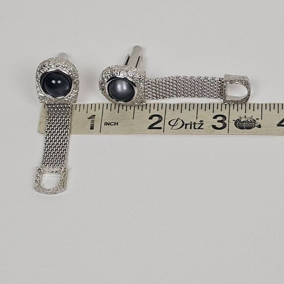 Vintage Swank Gray Moonglow Cabochon Silver Tone Mesh Wrap Around Mens Cufflinks - Picture 7 of 9
